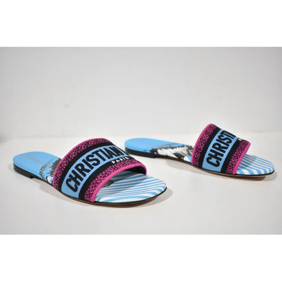 Christian Dior Dway D Jungle Blue Black Embroidered Logo Slide Flat Sandal 36 - Picture 4 of 12